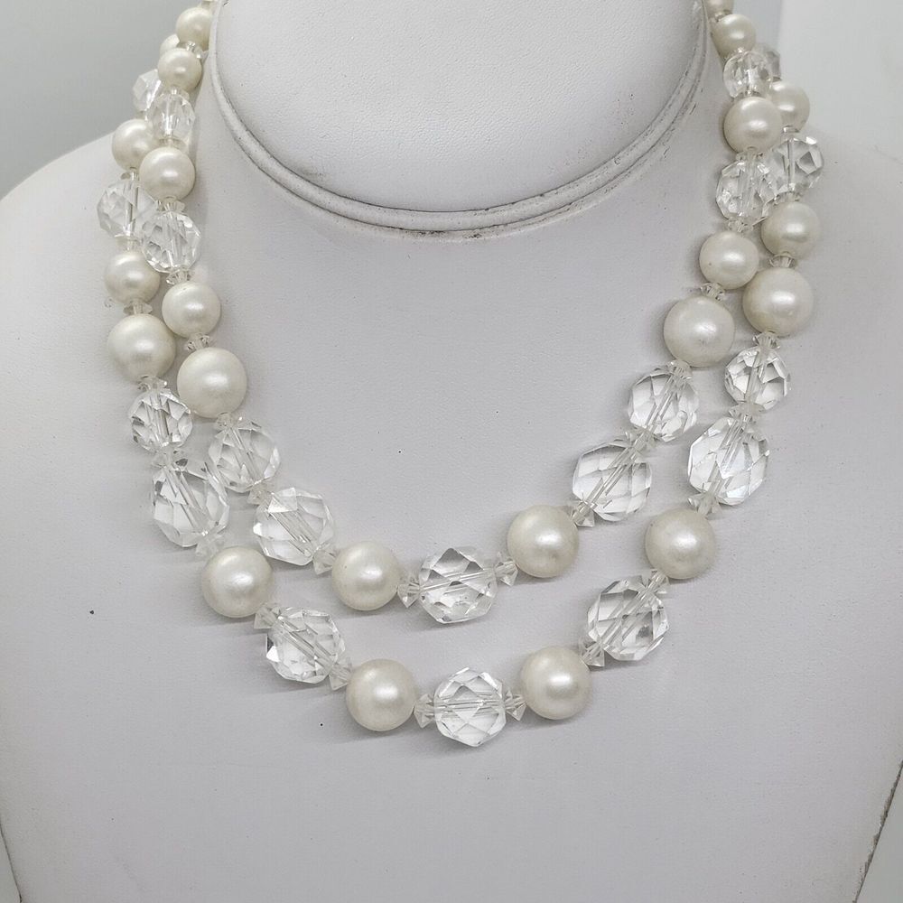Vintage‎ Faux Pearl And Faceted Glass Bead Necklace Multistrand